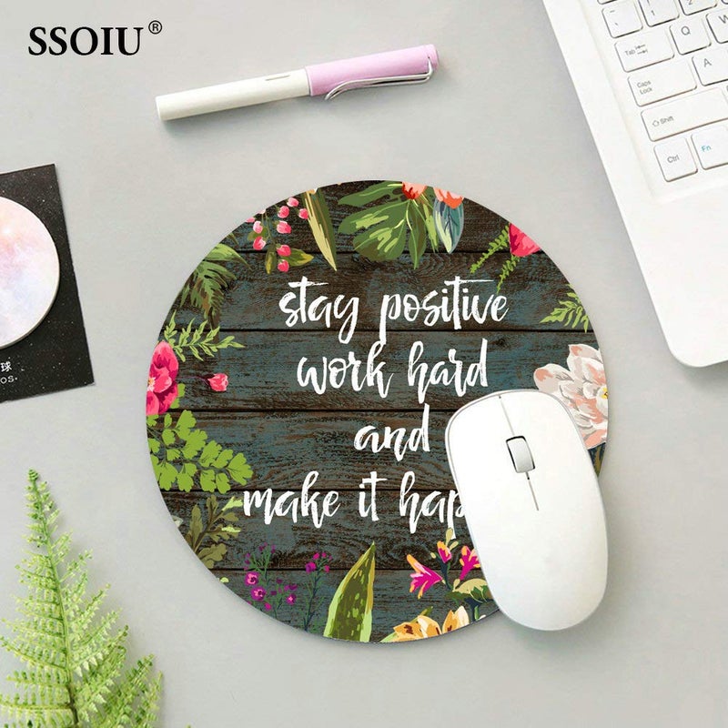 SSOIU Round Mouse Pad Custom,Stay Positive Work Hard and Make It Happen Inspirational Quotes Mouse pad Vintage Hand Drawn Floral Wreath Art on Rustic Wood White Quote - Image 4